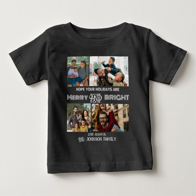 Modern trendy Merry and Bright Family Photo Baby T-Shirt (Front)
