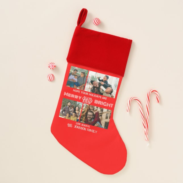 Modern trendy Merry and Bright Family Photo Christmas Stocking (Front)