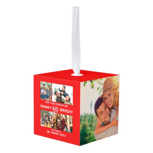 Modern trendy Merry and Bright Family Photo Cube Ornament