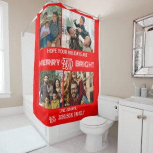 Modern trendy Merry and Bright Family Photo Shower Curtain