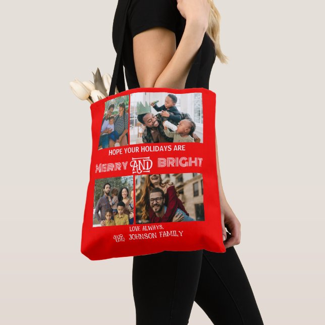 Modern trendy Merry and Bright Family Photo Tote Bag (Close Up)