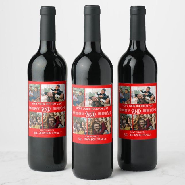 Modern trendy Merry and Bright Family Photo Wine Label (Bottles)