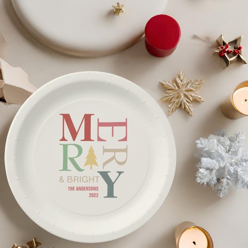 Modern Trendy Merry And Bright Minimalist Colorful Paper Plates
