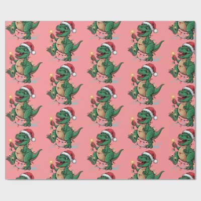 Modern Trendy Merry Christmas Dinosaur Santa Hat   Wrapping Paper