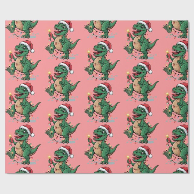 Modern Trendy Merry Christmas Dinosaur Santa Hat   Wrapping Paper (Flat)