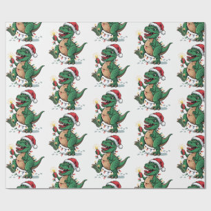 Modern Trendy Merry Christmas Dinosaur Santa Hat Wrapping Paper