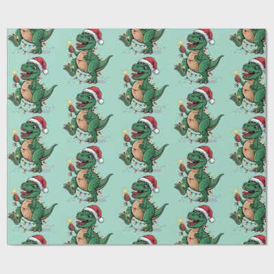 Modern Trendy Merry Christmas Dinosaur Santa Hat   Wrapping Paper