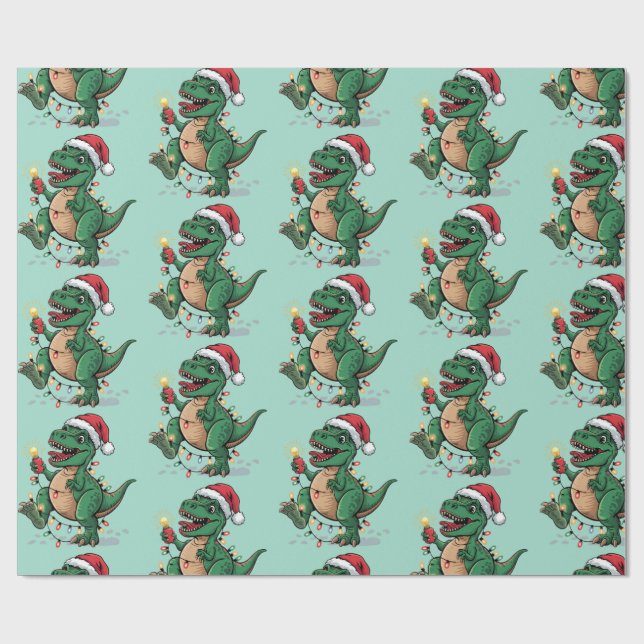 Modern Trendy Merry Christmas Dinosaur Santa Hat   Wrapping Paper (Flat)