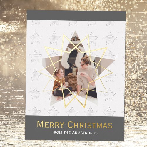 Modern Trendy Merry Christmas Stars Photo White Foil Holiday Postcard