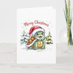 Modern Trendy Merry Christmas Turtle in Santa Hat Card