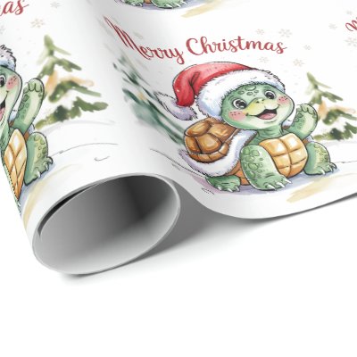 Modern Trendy Merry Christmas Turtle in Santa Hat  Wrapping Paper