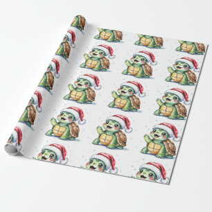 Modern Trendy Merry Christmas Turtle in Santa Hat  Wrapping Paper