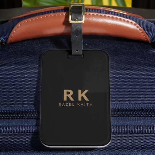 Modern Trendy Minimalist Black Gold Two Monogram Luggage Tag