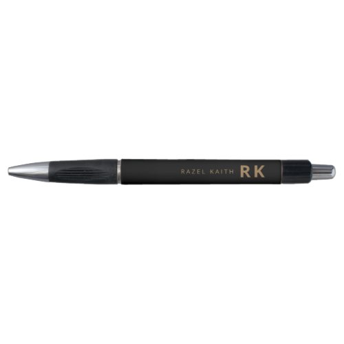 Modern Trendy Minimalist Black Gold Two Monogram Pen