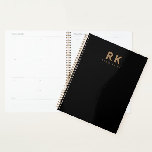 Modern Trendy Minimalist Black Gold Two Monogram Planner