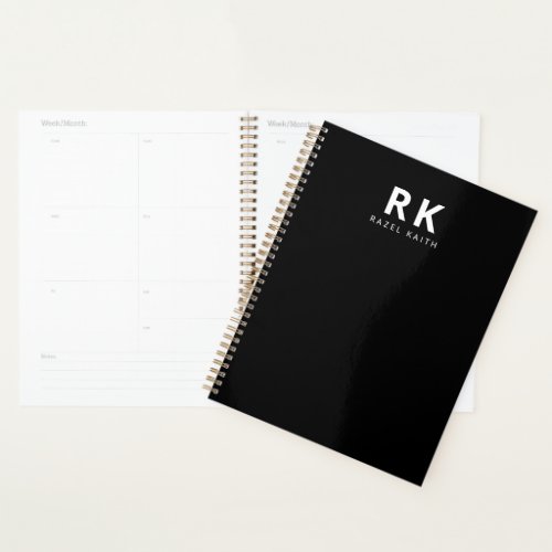 Modern Trendy Minimalist Black Two Monogram Planner