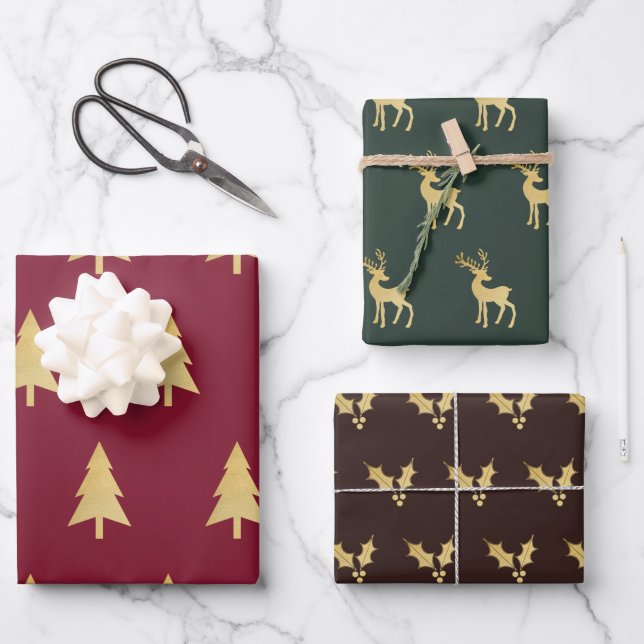 Modern Trendy Minimalist Golden Christmas Pattern  Wrapping Paper Sheets (Front)