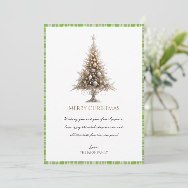 Modern Trendy Minimalist Merry Christmas Plaid Holiday Card (Standing Front)