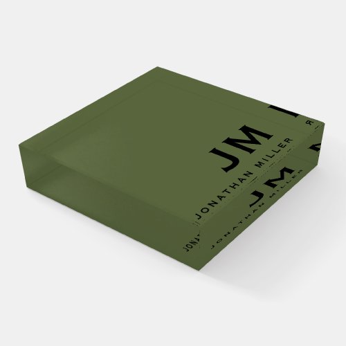 Modern Trendy Minimalist Monogram Olive Green Paperweight