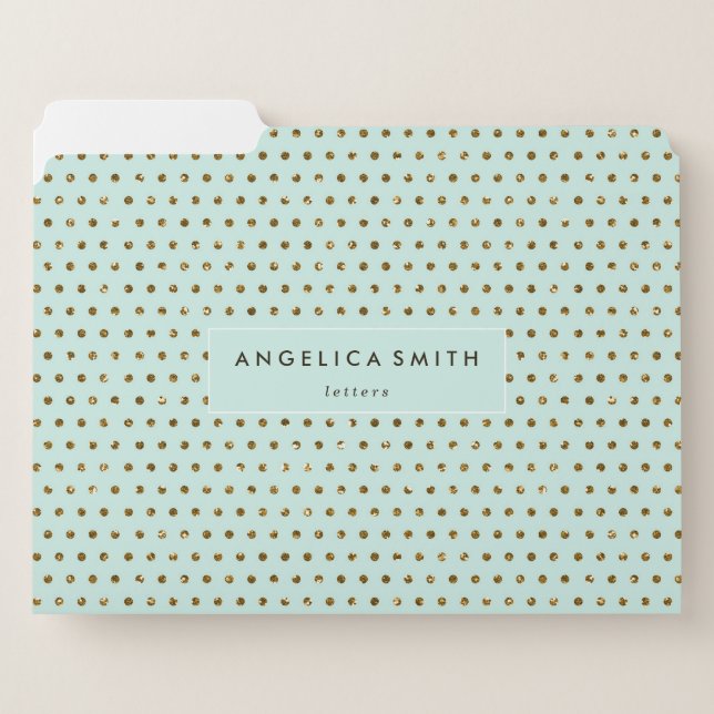 Modern Trendy Mint Green Gold Polka Dot Pattern File Folder (Front Left)
