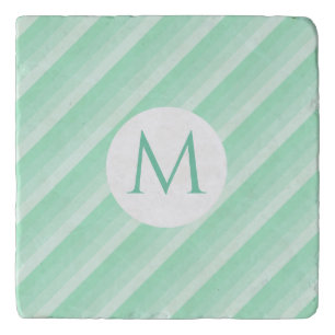 Modern Trendy Mint Green Stripes Monogram Template Trivet
