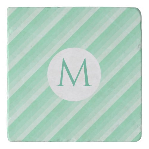 Modern Trendy Mint Green Stripes Monogram Template Trivet