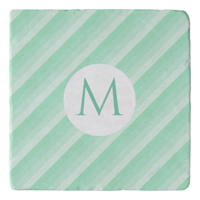 Modern Trendy Mint Green Stripes Monogram Template Trivet (Front)