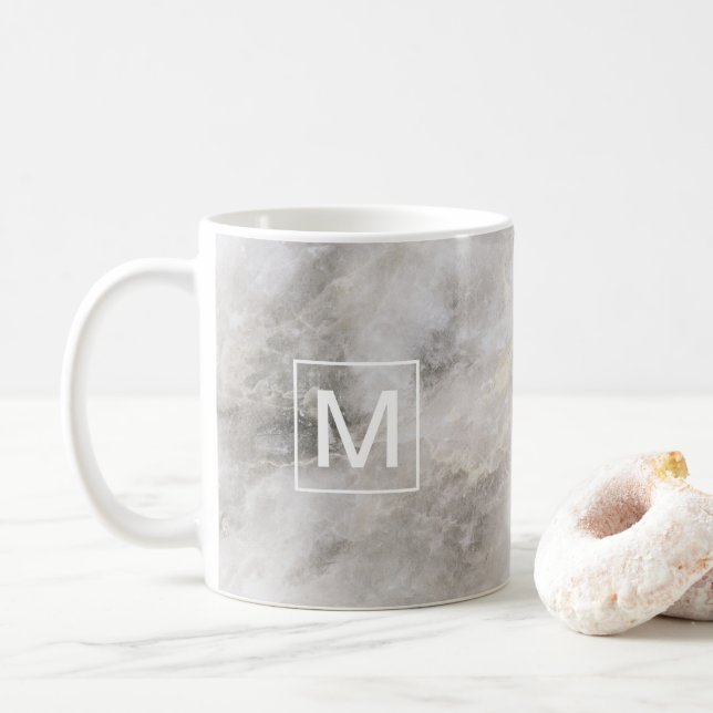 Modern Trendy Monogram Gray Marble Coffee Mug (With Donut)