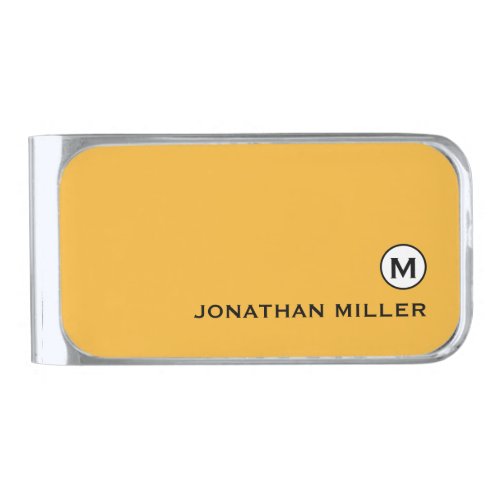 Modern Trendy Monogram Mustard Yellow Silver Finish Money Clip