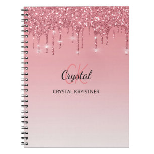 Modern Trendy Monogram Pink Dripping Glitter Notebook