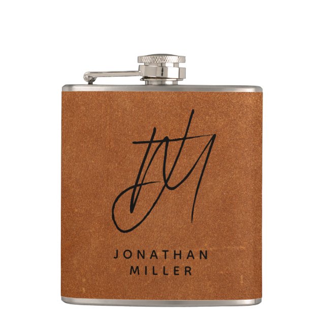 Modern Trendy Monogram Sable Brown Leather Flask (Front)