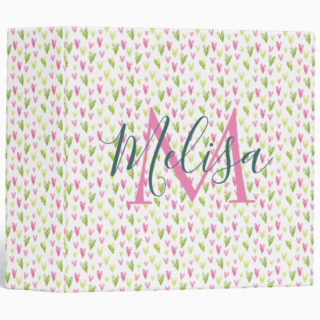 Modern Trendy Monogram Watercolor Hearts 3 Ring Binder (Front/Spine)