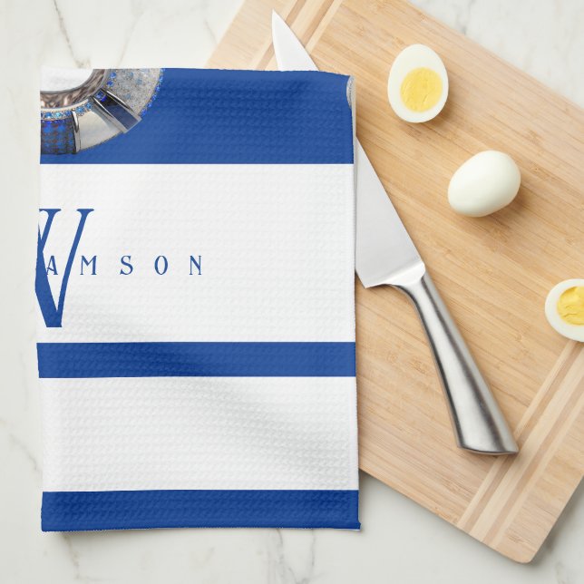 Modern Trendy Monogrammed Nautical Blue and White Kitchen Towel (Quarter Fold)