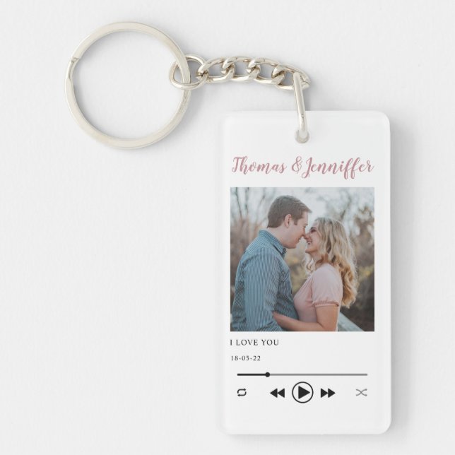 modern trendy music player couple photo romantic  keychain (Front)