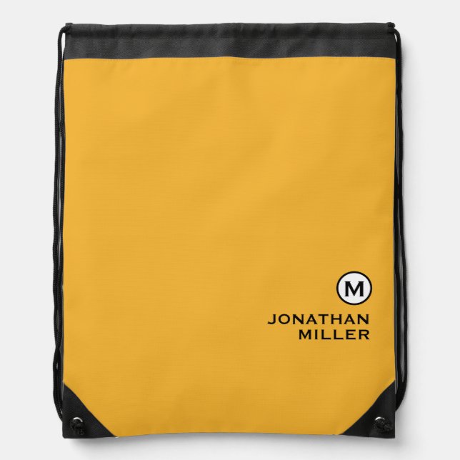Modern Trendy Mustard Yellow Monogram Drawstring Bag (Front)