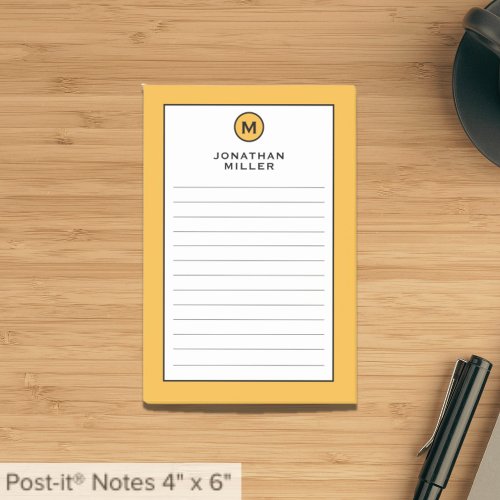 Modern Trendy Mustard Yellow Monogram Lined Post_it Notes