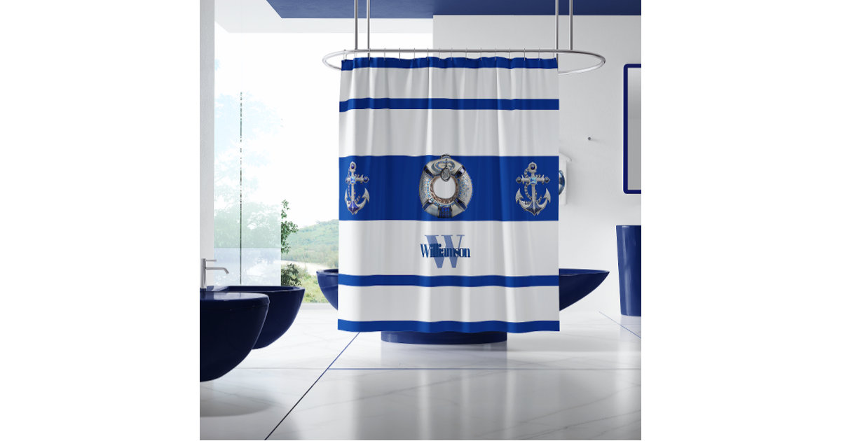 Modern Trendy Nautical Blue and White Long Shower Curtain Zazzle