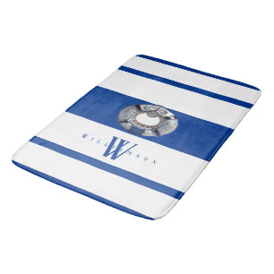 Modern Trendy Nautical Blue and White Monogrammed Bath Mat