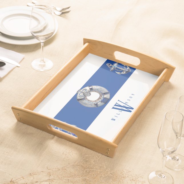 Modern Trendy Nautical Blue and White Monogrammed  Serving Tray (Front)