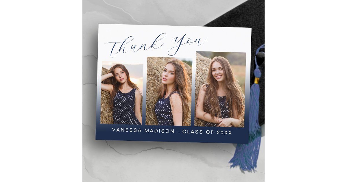 Modern Trendy Navy Blue 3 Photo Grad Thank You Postcard | Zazzle