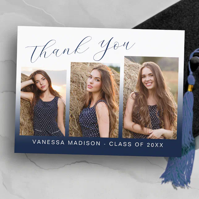 Modern Trendy Navy Blue 3 Photo Grad Thank You Postcard | Zazzle
