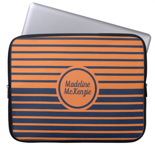 Modern Trendy Navy Blue Orange Striped Laptop Sleeve