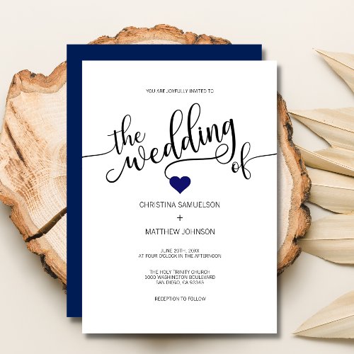 Modern Trendy Navy BLUE  White Heart Wedding Invitation