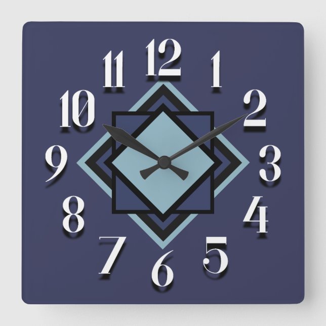Modern Trendy Navy Light Blue White Geometric Square Wall Clock (Front)