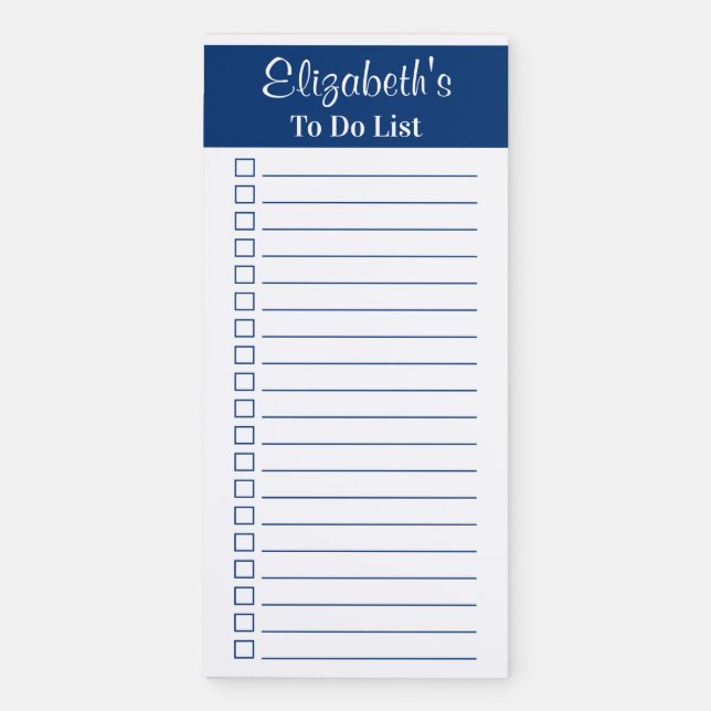 Modern Trendy Navy Personalized To Do Checklist Magnetic Notepad (Front)