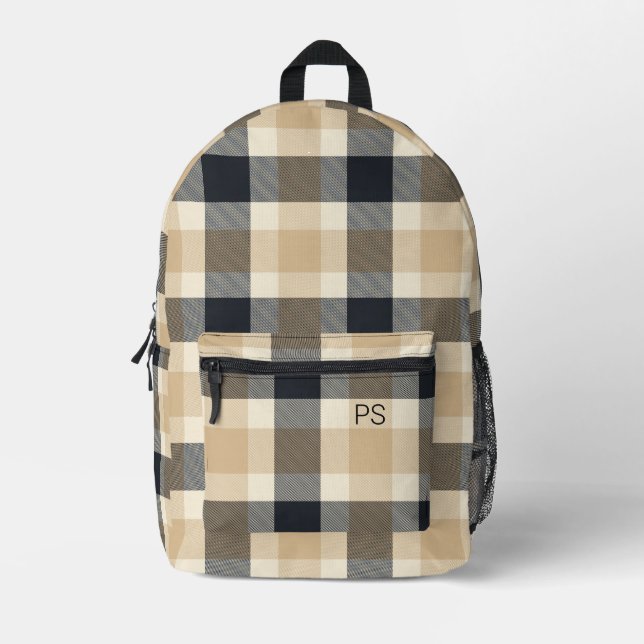 Modern Trendy Neutral Check Plaid Monogram Initial Printed Backpack (Front)
