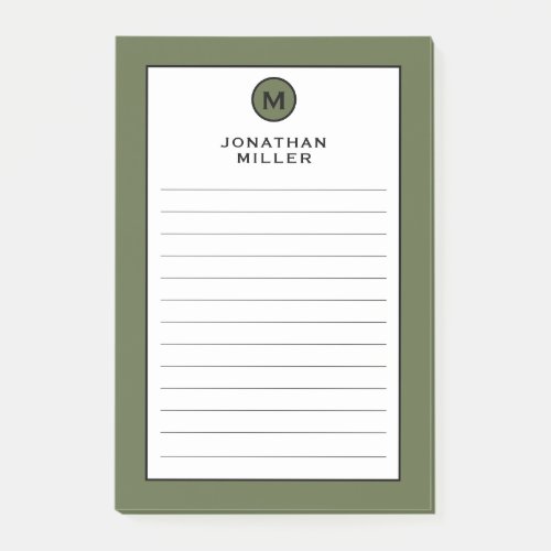 Modern Trendy Olive Green Monogram Lined Post_it Notes