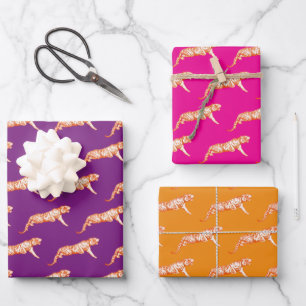 Modern Trendy Orange Pink Purple Tiger Pattern Wrapping Paper Sheets