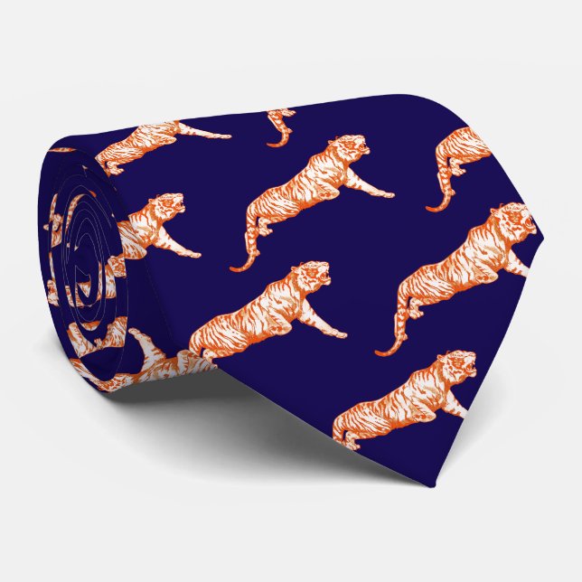 Modern Trendy Orange Tiger on Dark Blue Neck Tie (Rolled)