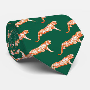Modern Trendy Orange Tiger on Hunter Green Neck Tie